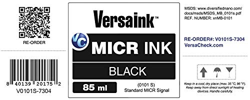 VersaInk-Nano Black MICR Ink -85ml – Magnetic Ink for Check Printers and All-in-One Inkjets - Standard MICR Signal, V0101S-7304