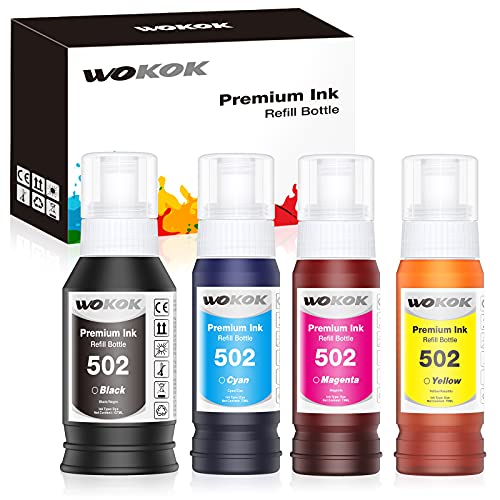 WOKOK Compatible Refill Ink Bottles for 502 T502 T502520-S Use with Printer ET-2000 ET-2750 2760 2850 3700 3710 3750 3760 3830 3850 4750 4760 15000etc. (Black,Cyan,Magenta,Yellow) Not Sublimation Ink