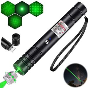 long range green laser pointer high power, strong laser pointer pen,2000 metres powerful tactical green lazer pointer light rechargeable, star cap adjust for astronomy hiking, cat laser toy usb charge
