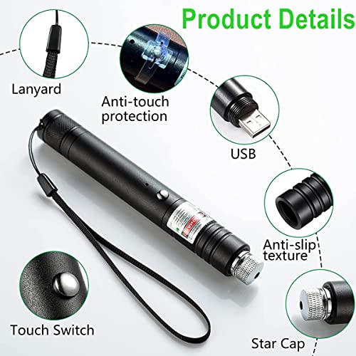 Long Range Green Laser Pointer High Power, Strong Laser Pointer Pen,2000 metres Powerful Tactical Green Lazer Pointer Light Rechargeable, Star Cap Adjust for Astronomy Hiking, Cat Laser Toy USB Charge