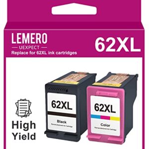 LemeroUexpect 62XL Remanufactured Ink Cartridge Replacement for HP 62XL 62 XL C2P05AN for Envy 5660 7640 5540 7645 5661 5643 OfficeJet 5740 5745 Printer Black Color, 2P