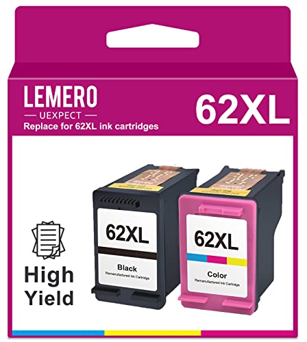 LemeroUexpect 62XL Remanufactured Ink Cartridge Replacement for HP 62XL 62 XL C2P05AN for Envy 5660 7640 5540 7645 5661 5643 OfficeJet 5740 5745 Printer Black Color, 2P