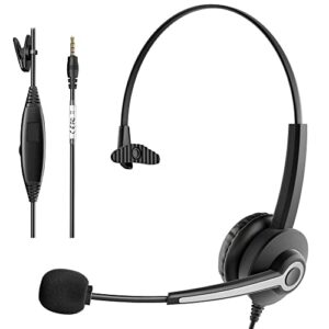 Voistek 3.5mm Phone Headset with Microphone Noise Cancelling & Call Controls, Computer Headphone with Microphone for PC iPhone Laptop Business Skype Softphone Call Center Office - Monaural