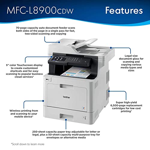 Brother MFC-L8900CDW Business Color Laser All-in-One Printer, Print Scan Copy Fax, Automatic 2-Sided Printing, 5 inch Color Touchscreen, 250-sheet, 512MB, Bundle with JAWFOAL Printer Cable