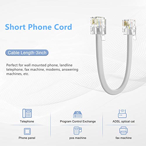 Short Phone Cord, 2 Pack 3 inch RJ11 6P4C Male to Male Telephone Landline Extension Cable Line Wire Connector for Landline Telephone, Modem, Fax Machine, White