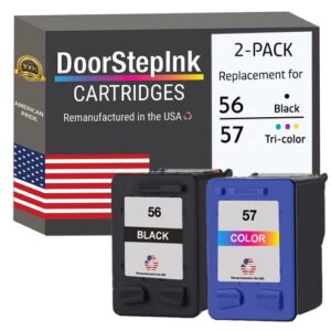 doorstepink remanufactured in the usa ink cartridge replacements for hp 56 & 57 c9321bn c6656an c6657an black and tri-color combo pack for use with deskjet, photosmart, psc printers