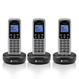 motorola voice cordless phone system w/ 3 digital handsets + answering machine, remote access, call block – dark grey (t613)