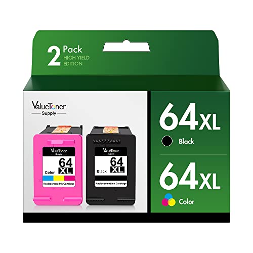 Valuetoner Supply Remanufactured High Yield Replacement for HP 64 XL 64XL Ink Cartridge Combo Pack for Envy Photo 7858 7855 7155 7158 7164 Envy 7255e 7955e 7958e Tango X Printer (1 Black, 1 Tri-Color)