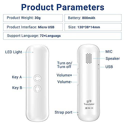 XURPURTLK Language Voice Translator Device Real Time 2-Way Translations Supporting 72 Languages for Travelling Learning Shopping Business Chat Recording Translations (White) (G5)