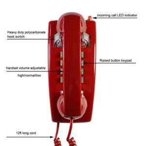 TelPal Red Wall Phone, Analog Corded Wall Mounted Phone with Loud Traditional Bell, Classic Landline Phones Wall Mount with Handset Volume Control- Wall Mount Jack Required