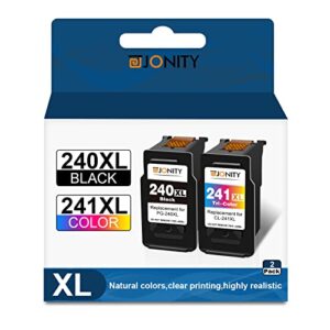 jonity remanufactured ink cartridges 240xl 241xl for canon pg 240 cl 241 xl black color combo pack for pixma mg3620 mg3600 ts5120 ts5100 mg3520 mg2120 mx452 mx472 mx512 printer (1 black, 1 tri-color)