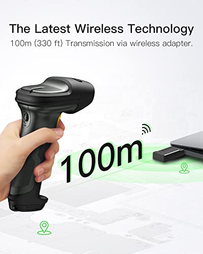 Inateck Super Wireless Barcode Scanner, Transmission Range Up to 330ft, Wireless Adapter and Build-in Bluetooth, Working Time Approx. 30 Days, with Vibrating Function, Pro 7