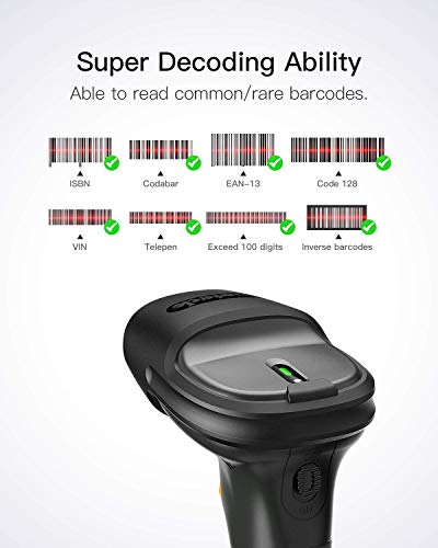 Inateck Super Wireless Barcode Scanner, Transmission Range Up to 330ft, Wireless Adapter and Build-in Bluetooth, Working Time Approx. 30 Days, with Vibrating Function, Pro 7