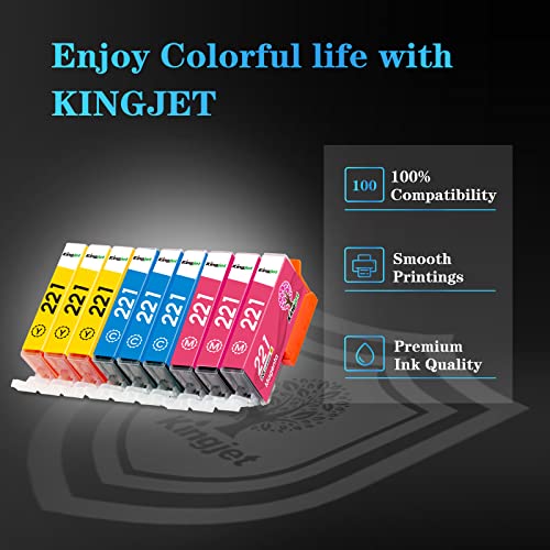 Kingjet Compatible Ink Cartridge Replacement for Canon 221 CLI-221 Work with Pixma IP3600 IP4600 IP4700 MX860 MX870 MP560 MP620 MP620B MP640 MP980 MP990, 9 Pack, (CLI221 Ink: 3C 3M 3Y)