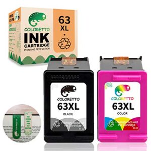 coloretto remanufactured printer ink cartridge replacement for hp 63xl to use with envy 4520 4516 officejet 5255 5258 deskjet 1112 3632 3639 1112 2130 3632 3633 3634 (1 black+1 color) combo pack with