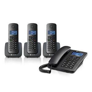 motorola voice c42 corded phone system + 3 digital cordless handsets w/answering machine, call block – black (c4203)