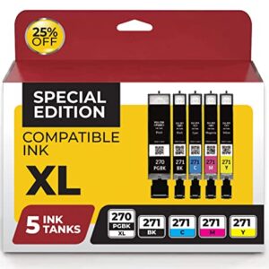 Canon PGi-270XL & Cli-271XL Compatible Replacement from InkjetsClub 5 Pack Ink Cartridges. Works Well with PIXMA MG5720 5721 5722 6820 TS8020 Printers. 2X Black, Cyan, Magenta, Yellow.