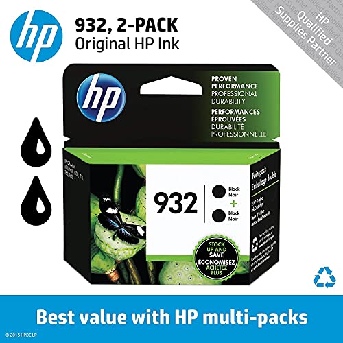 HP 932 | 2 Ink Cartridges | Black | Works with HP OfficeJet 6100, 6600, 6700, 7110, 7510, 7600 Series | CN057AN