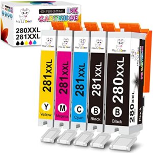 Miss Deer Compatible 280 281 Ink Cartridge for Canon PGI-280XXL CLI-281XXL PGI280XXL CLI281XXL Work with Pixma TR7520 TR8520 TS6120 TS6220 TS8120 TS8220 TS9120 TS9520 (1PGBK, 1BK, 1C, 1M, 1Y) 5 Pack