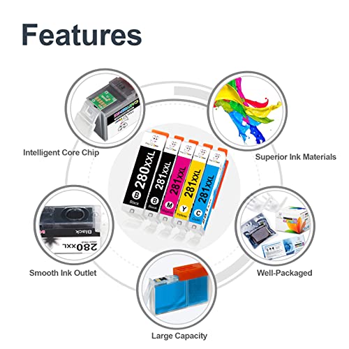 Miss Deer Compatible 280 281 Ink Cartridge for Canon PGI-280XXL CLI-281XXL PGI280XXL CLI281XXL Work with Pixma TR7520 TR8520 TS6120 TS6220 TS8120 TS8220 TS9120 TS9520 (1PGBK, 1BK, 1C, 1M, 1Y) 5 Pack