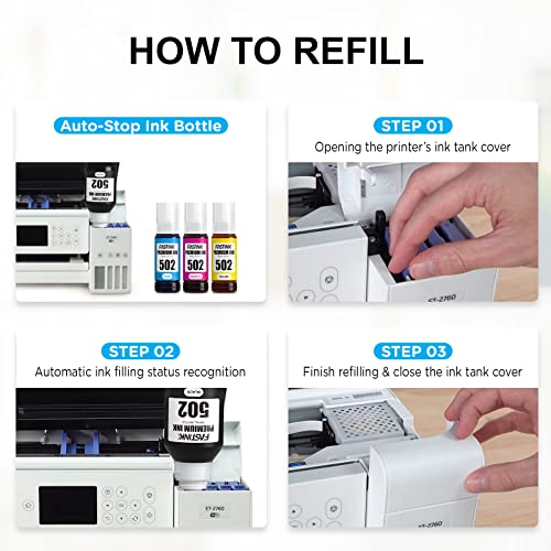 Fastink Compatible T502 502 Refill Ink Bottle Kit for ET-2760 ET-2750 ET-3750 ET-4760 ET-4750 ET-3760 ET-15000 ET-3710 ET-3700 ET-2700 ST-2000 ST-3000 ET-2803 Printer, 5-Bottle