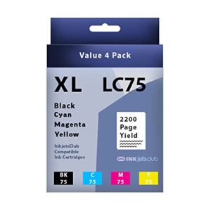 inkjetsclub brother lc75 high yield ink cartridge ink cartridge replacement 4 pack value pack. includes 1 black, 1 cyan, 1 magenta and 1 yellow compatible ink cartridges