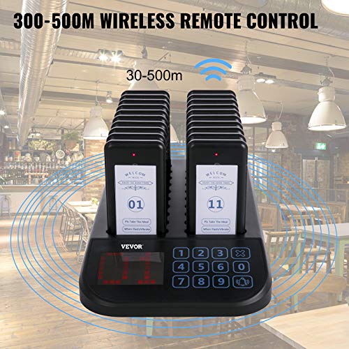 VEVOR F103 Restaurant Pager System 20 Pagers, Max 98 Beepers Wireless Calling System, Touch Keyboard with Vibration, Flashing and Buzzer for Church, Nurse,Hospital & Hotel