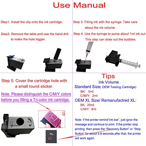 F-ink 6 in 1 Ink Refill Tools Compatible with Hp Inkjet Ink Cartridges 67XL 662XL 664XL 60XL 61XL 62XL 63XL 64XL 65XL 92XL 94XL 901XL 21XL 22XL 27XL 28XL 56XL 57XL 58XL 74XL 75XL 650XL 703XL 704XL