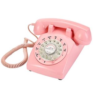 yopay pink retro old fashioned rotary dial telephone, vintage mechanical ringer phone landline desk phone for home, office, bar, hotel
