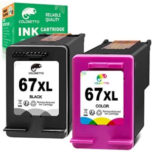coloretto remanufactured printer ink cartridge replacement for hp 67xl 67 xl to use with deskjet 2755 2752 envy 6052 6055 deskjet plus 4140 4155 4158 (1 black,1 color) combo pack with 2 paper clips