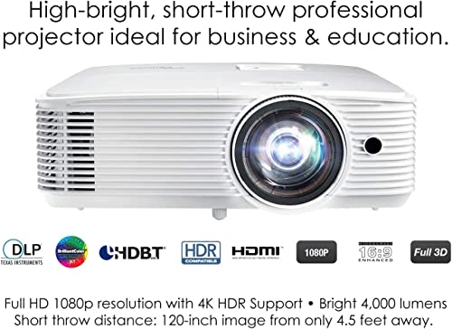 Optoma EH412STx Short Throw 1080p HDR Professional Projector | Super Bright 4,000 Lumens | Business Presentations, Classrooms, and Meeting Rooms | 15,000 Hour Lamp Life | Speaker Built in | Portable