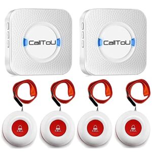 calltou wireless caregiver pager smart call system 4 sos call buttons/transmitters 2 receivers nurse calling alert patient help system for home/personal attention pager 500+feet plugin receiver