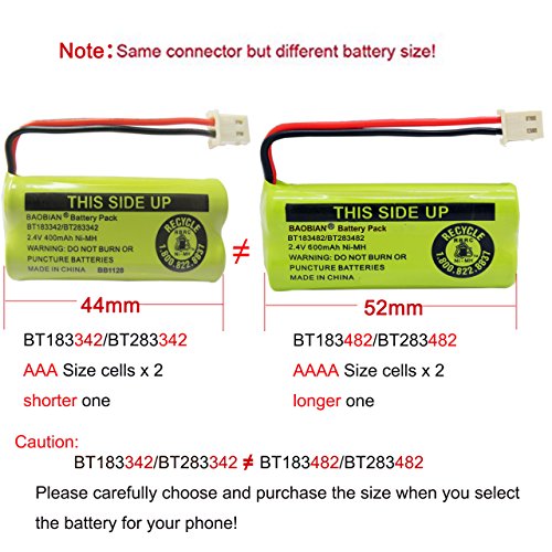 BAOBIAN 2.4V 400mAh Cordless Home Phone Battery Compatible with AT&T BT162342 BT-162342 BT166342 BT-166342 BT266342 BT-266342 BT183342 BT-183342 BT283342 BT-283342 VTech CS6329 CS6114 CS6419(4 Pack)