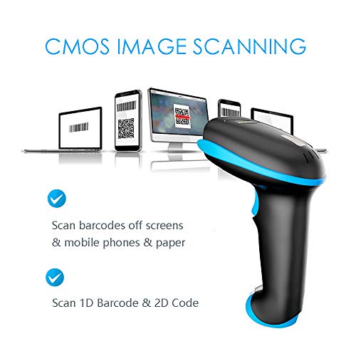 NADAMOO QR Code Scanner Wireless 2D Barcode Scanner With Stand Supports Screen Scan Handheld CMOS Imager Long Range Portable USB Bar Code Reader with Auto Sensing Read 1D 2D QR Code PDF417 Data Matrix