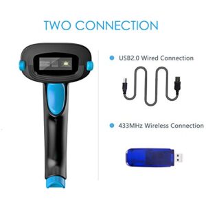 NADAMOO QR Code Scanner Wireless 2D Barcode Scanner With Stand Supports Screen Scan Handheld CMOS Imager Long Range Portable USB Bar Code Reader with Auto Sensing Read 1D 2D QR Code PDF417 Data Matrix