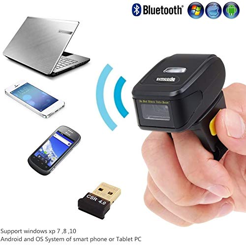 Bluetooth Ring 1D 2D QR Barcode Scanner,Wearable Wireless Finger Mini Bar Code Reader Scanner Compatible for Windows, Mac OS, Android 4.0+, iOS Support Scan QR PDF417 DataMatrix on Screen and Paper