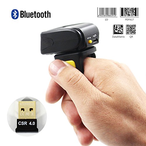 Bluetooth Ring 1D 2D QR Barcode Scanner,Wearable Wireless Finger Mini Bar Code Reader Scanner Compatible for Windows, Mac OS, Android 4.0+, iOS Support Scan QR PDF417 DataMatrix on Screen and Paper