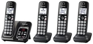 panasonic expandable cordless phone system with link2cell bluetooth, voice assistant, answering machine and call blocking – 4 cordless handsets – kx-tgd564m (metallic black)