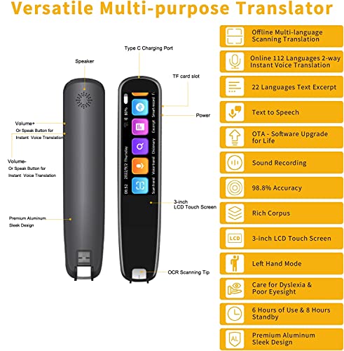 Upgraded Translation Scanning Pen, Mobile Scanner Translator, Reading Pen, 112 Language Translating Device, OCR Digital for Language Learners Business Travel…