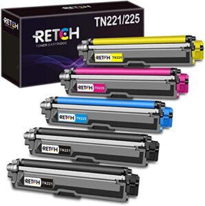 retch compatible toner cartridge tn221 replacement for brother tn-221 tn225 tn-225 black and color, for hl-3140cw 3170cdw 3180cdw mfc 9130cw printer(2 black, 1 cyan, 1 magenta, 1 yellow, 5 pack)