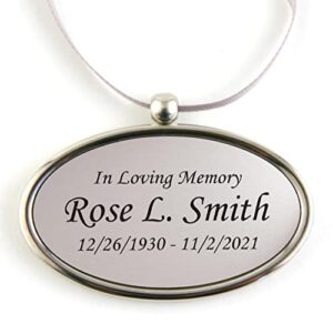 hanging silver oval personalized pendant for cremation urns that can’t be engraved – includes silver satin ribbon – made of solid brass – silver tone finish with black engraving