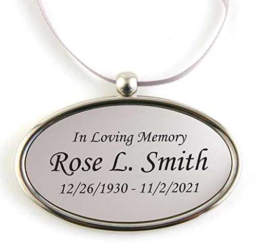 Hanging Silver Oval Personalized Pendant For Cremation Urns That Can’t Be Engraved - Includes Silver Satin Ribbon - Made of Solid Brass - Silver Tone Finish with Black Engraving