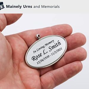 Hanging Silver Oval Personalized Pendant For Cremation Urns That Can’t Be Engraved - Includes Silver Satin Ribbon - Made of Solid Brass - Silver Tone Finish with Black Engraving