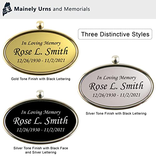 Hanging Silver Oval Personalized Pendant For Cremation Urns That Can’t Be Engraved - Includes Silver Satin Ribbon - Made of Solid Brass - Silver Tone Finish with Black Engraving