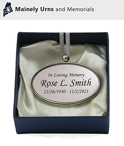 Hanging Silver Oval Personalized Pendant For Cremation Urns That Can’t Be Engraved - Includes Silver Satin Ribbon - Made of Solid Brass - Silver Tone Finish with Black Engraving