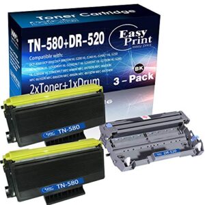 (2 black toner cartridges, 1 drum unit) compatible high yield tn-580 tn580 toner cartridge and dr-520 drum unit used for brother dcp-8065dn hl-5240 5250dn 5340d mfc-8890dw 8460n printer, by easyprint