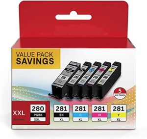 pgi-280xxl cli-281xl 5 color value pack, compatible for canon 280 281 ink cartridges use with tr7520 tr7500 tr8520 tr8500 tr8620 ts6120 ts6220 ts6320 ts702 (pgbk, black, cyan, magenta, yellow)