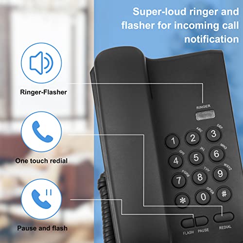 Desktop Wired Phones, Desktop Fixed Phones, no AC Power, one Button redial, Pause, Flash, Ring Tone Flash for Home, Reception, Hotel, Office, etc. (Black)