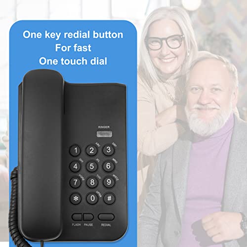 Desktop Wired Phones, Desktop Fixed Phones, no AC Power, one Button redial, Pause, Flash, Ring Tone Flash for Home, Reception, Hotel, Office, etc. (Black)