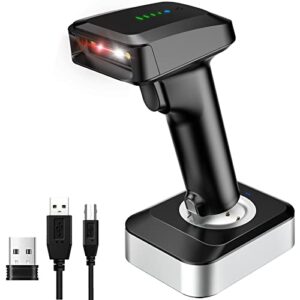 alacrity 2d qr wireless barcode scanner with charging base and battery level indicator bluetooth & 2.4ghz wireless & usb wired 3 in 1 connection handsfree auto-sense barcode reader scanner